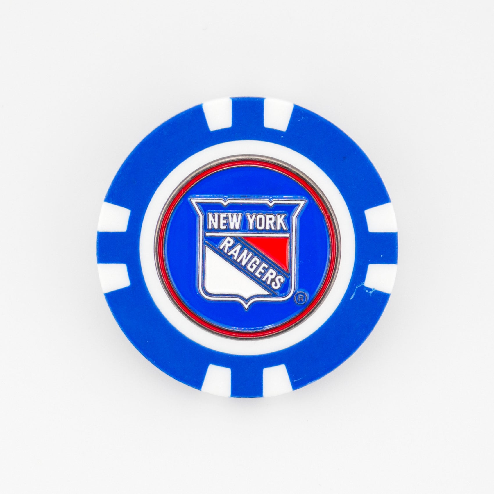 Show your team spirit on the green with the New York Rangers ball marker by Ballmarkers from Logie Joe’s, featuring the official blue and white poker chip design and signature shield logo—ideal for NHL fans and golf lovers.