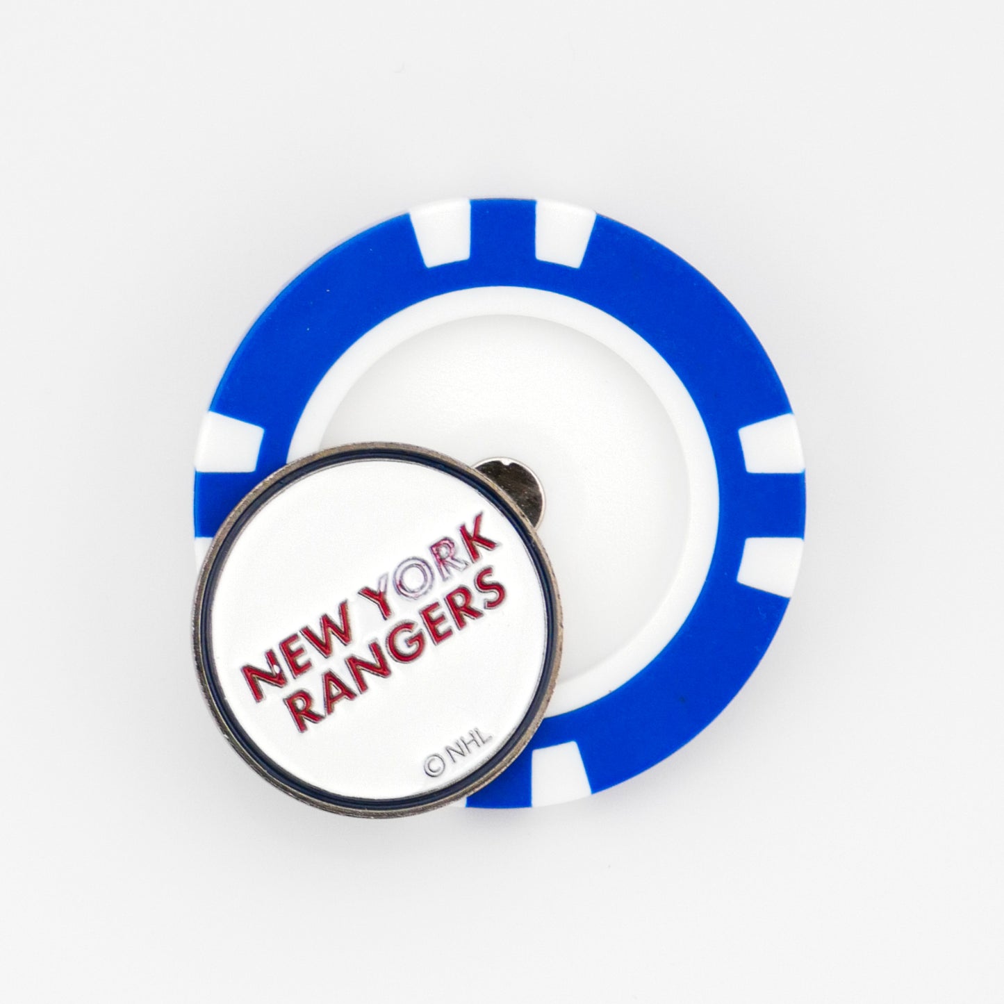 The Ballmarkers by Logie Joes New York Rangers golf ball marker features a blue and white poker chip design with NEW YORK RANGERS in red and the NHL logo—ideal for any golf-loving hockey fan.