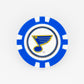 Show your support for the St. Louis Blues with this blue and white poker chip-style ball marker from Ballmarkers by Logie Joes, featuring the teams yellow musical note logo on a white background—ideal for NHL fans who golf.