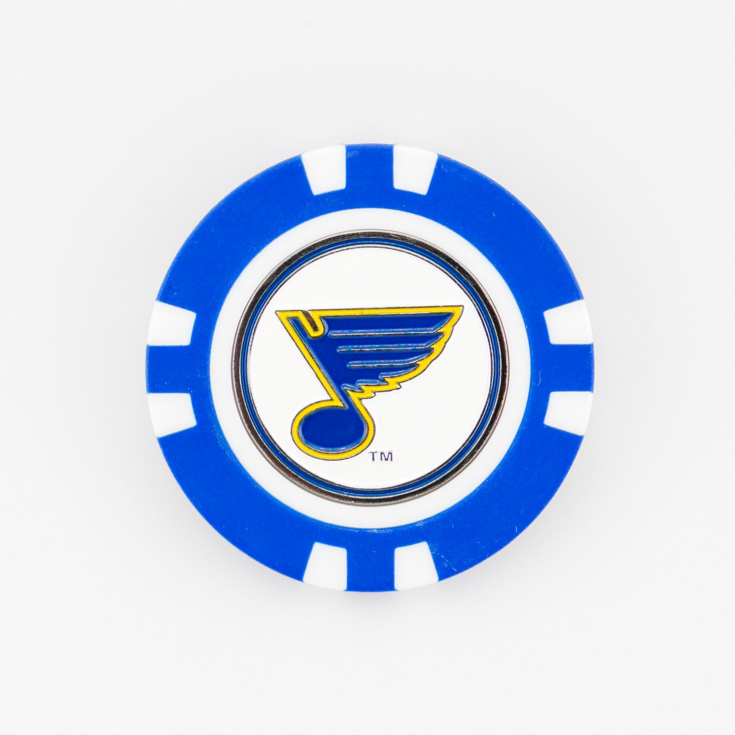 Show your support for the St. Louis Blues with this blue and white poker chip-style ball marker from Ballmarkers by Logie Joes, featuring the teams yellow musical note logo on a white background—ideal for NHL fans who golf.
