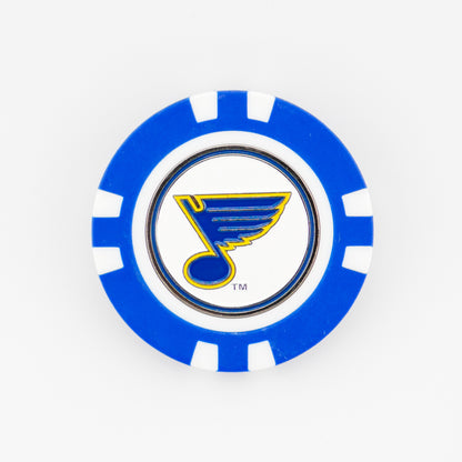 Show your support for the St. Louis Blues with this blue and white poker chip-style ball marker from Ballmarkers by Logie Joes, featuring the teams yellow musical note logo on a white background—ideal for NHL fans who golf.
