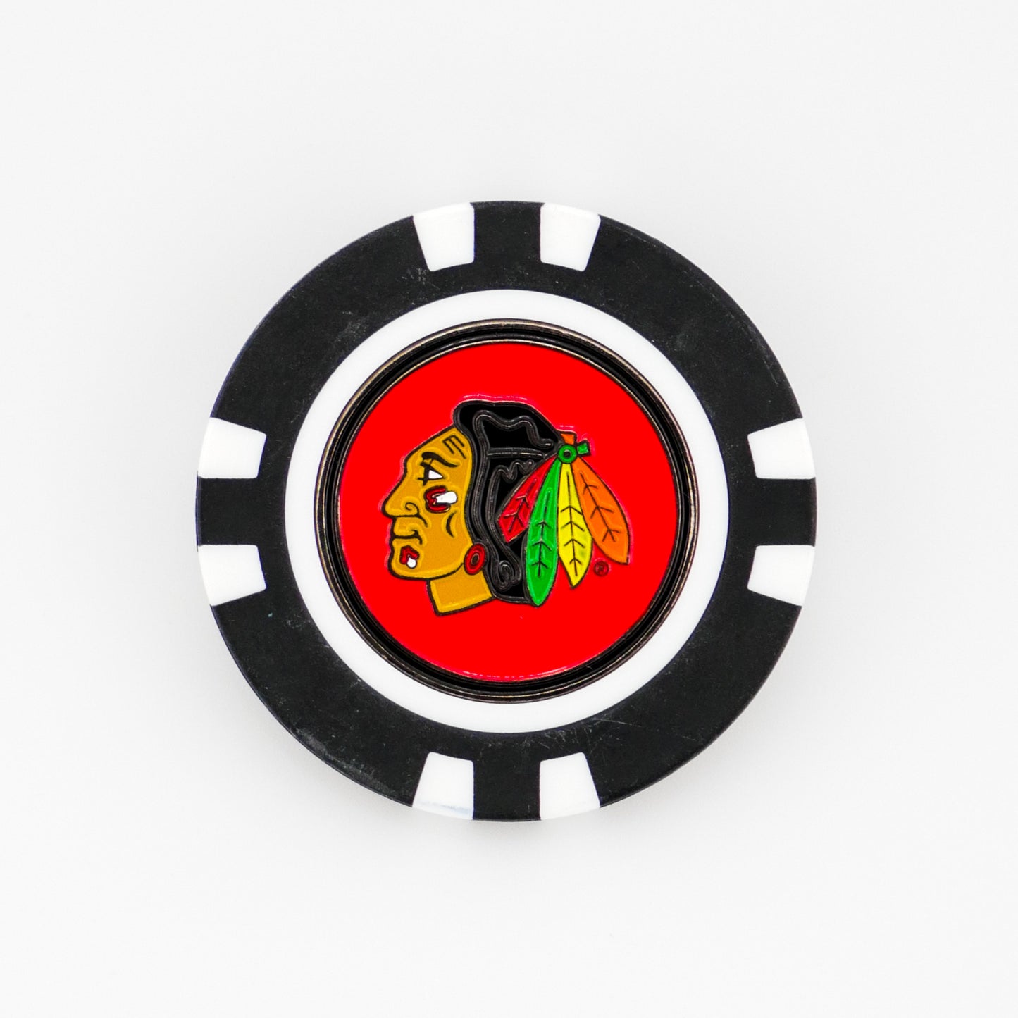 The Chicago Blackhawks marker by Ballmarkers from Logie Joes features a black and white poker chip design with a red center displaying a profile illustration of a feather-adorned Native American figure.