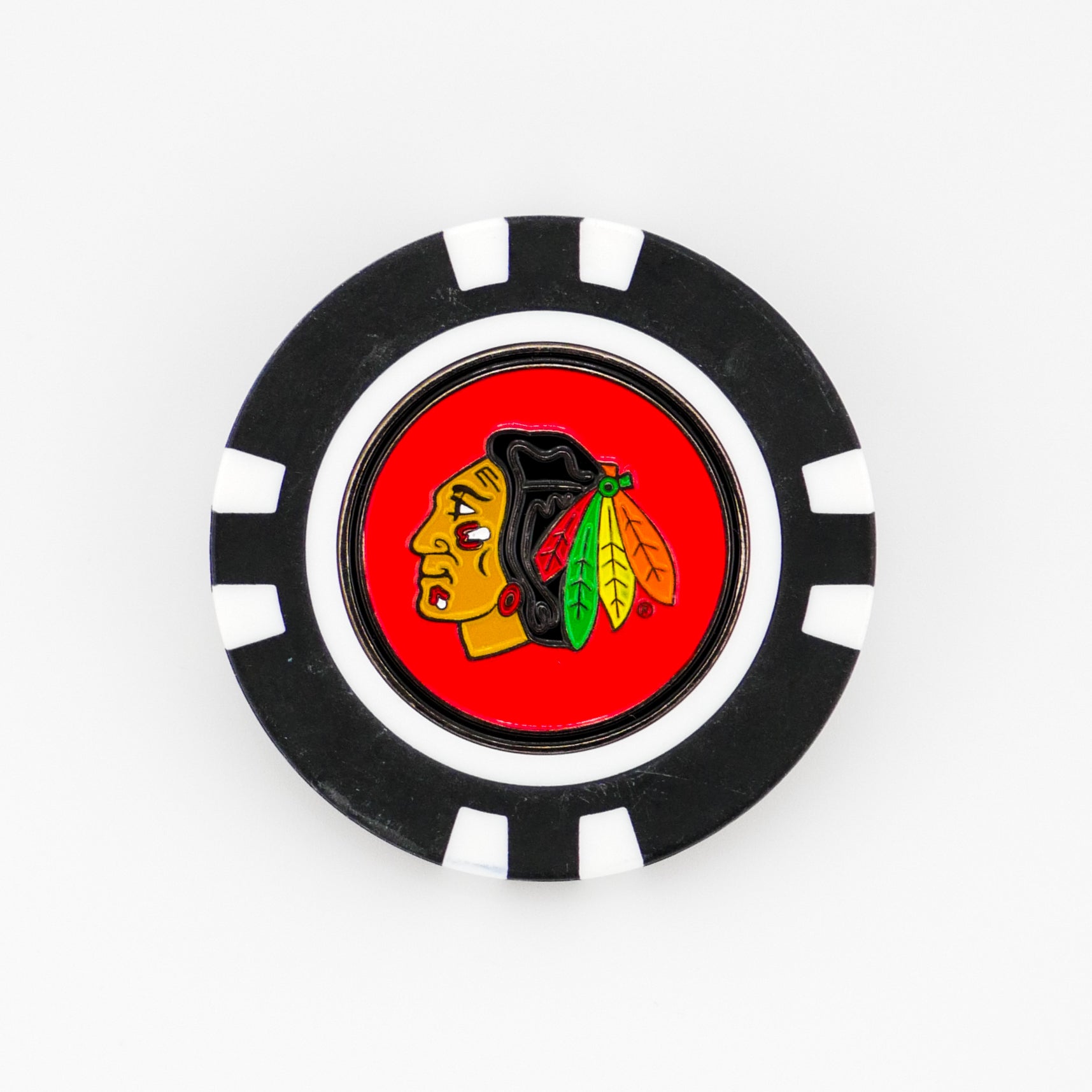 The Chicago Blackhawks marker by Ballmarkers from Logie Joes features a black and white poker chip design with a red center displaying a profile illustration of a feather-adorned Native American figure.