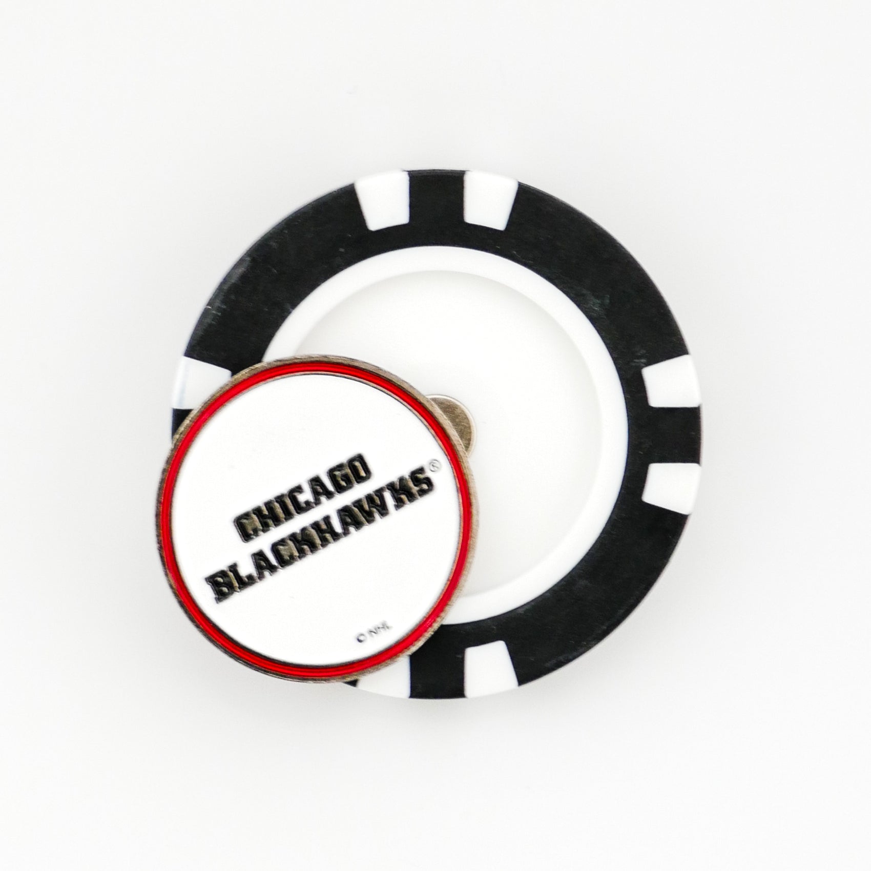 The Ballmarkers by Logie Joes Chicago Blackhawks marker features a black and white poker chip design with a round token on top displaying Chicago Blackhawks in bold black letters outlined in red on a white background.
