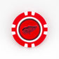 A red and white poker chip-style ball marker by Logie Joes featuring the Detroit Red Wings logo in the center, shown on a plain white background—perfect for NHL golf fans.