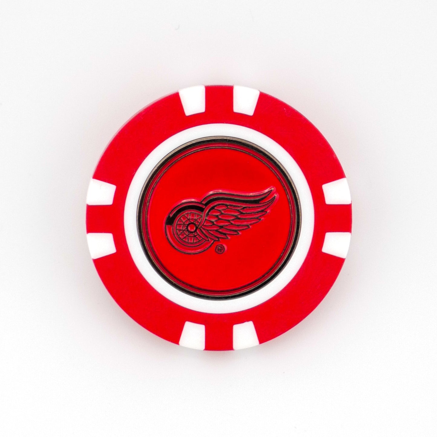 A red and white poker chip-style ball marker by Logie Joes featuring the Detroit Red Wings logo in the center, shown on a plain white background—perfect for NHL golf fans.