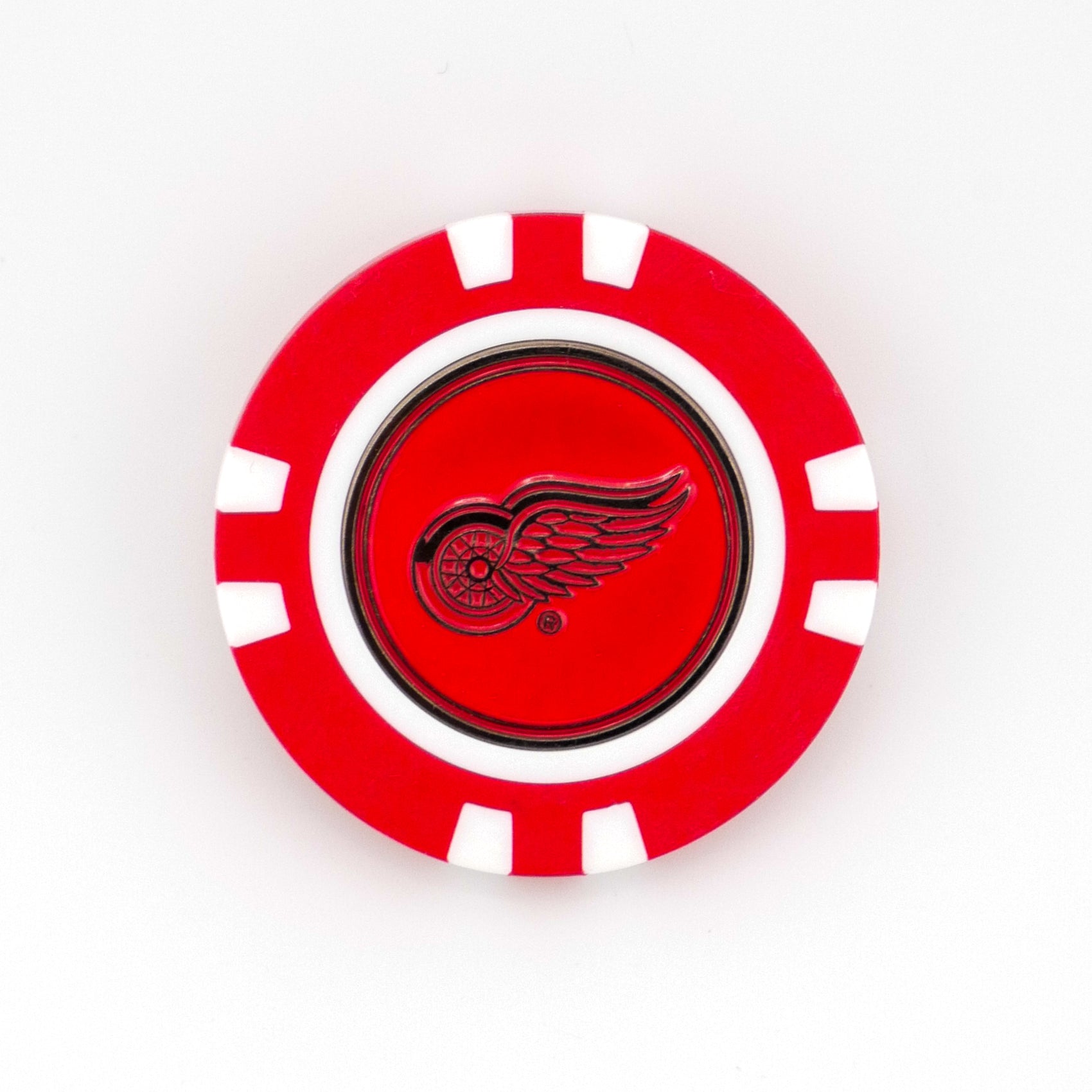 A red and white poker chip-style ball marker by Logie Joes featuring the Detroit Red Wings logo in the center, shown on a plain white background—perfect for NHL golf fans.