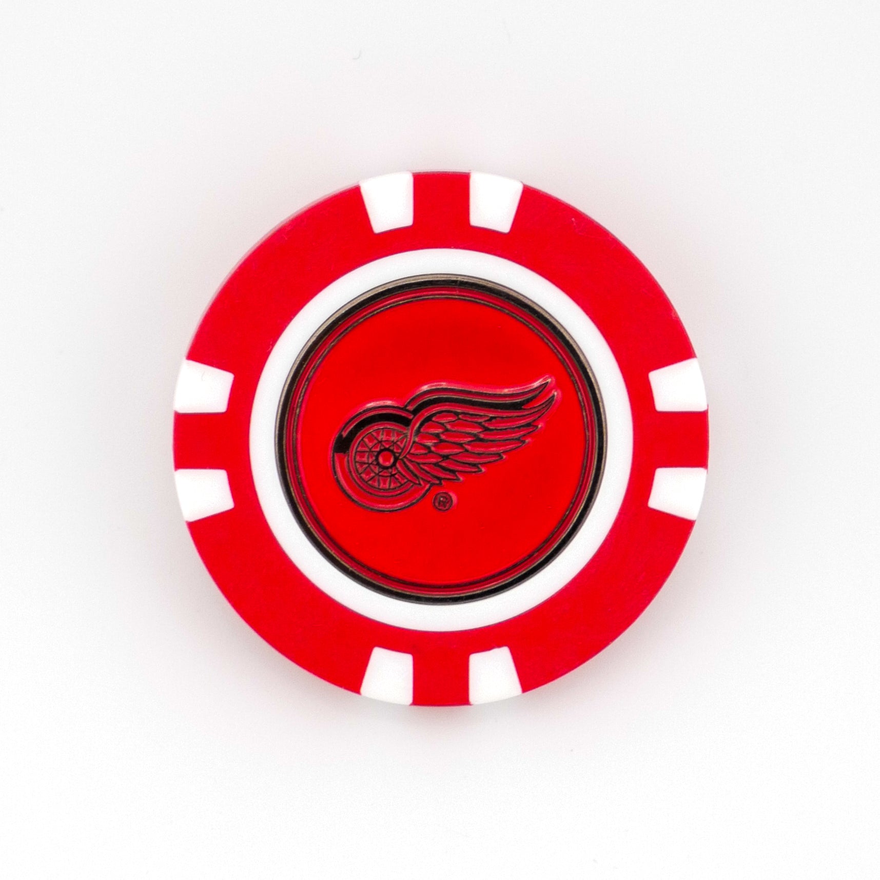 A red and white poker chip-style ball marker by Logie Joes featuring the Detroit Red Wings logo in the center, shown on a plain white background—perfect for NHL golf fans.