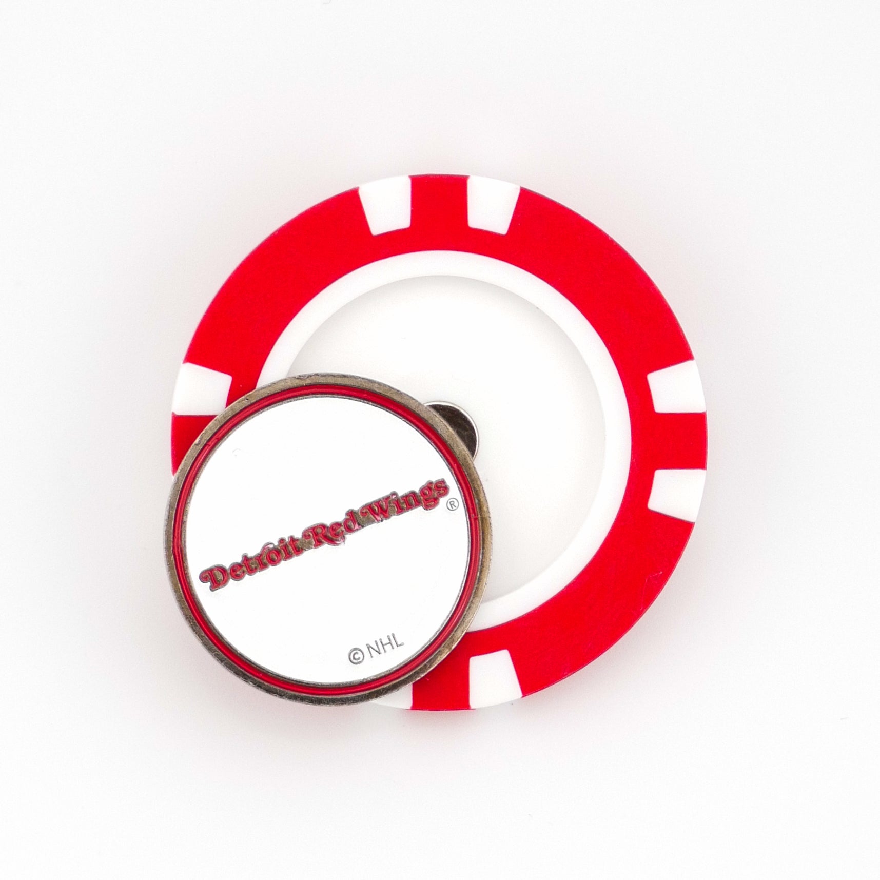 A red and white poker chip-style Ballmarkers by Logie Joes marker features a round Detroit Red Wings NHL ball marker at its center, both shown on a white background.