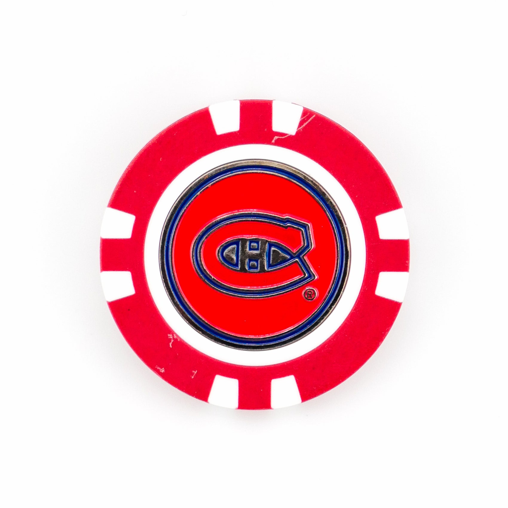 A red and white poker chip-style golf ball marker by Ballmarkers from Logie Joes, featuring the Montreal Canadiens logo with a large C and H in the center, shown on a white background.