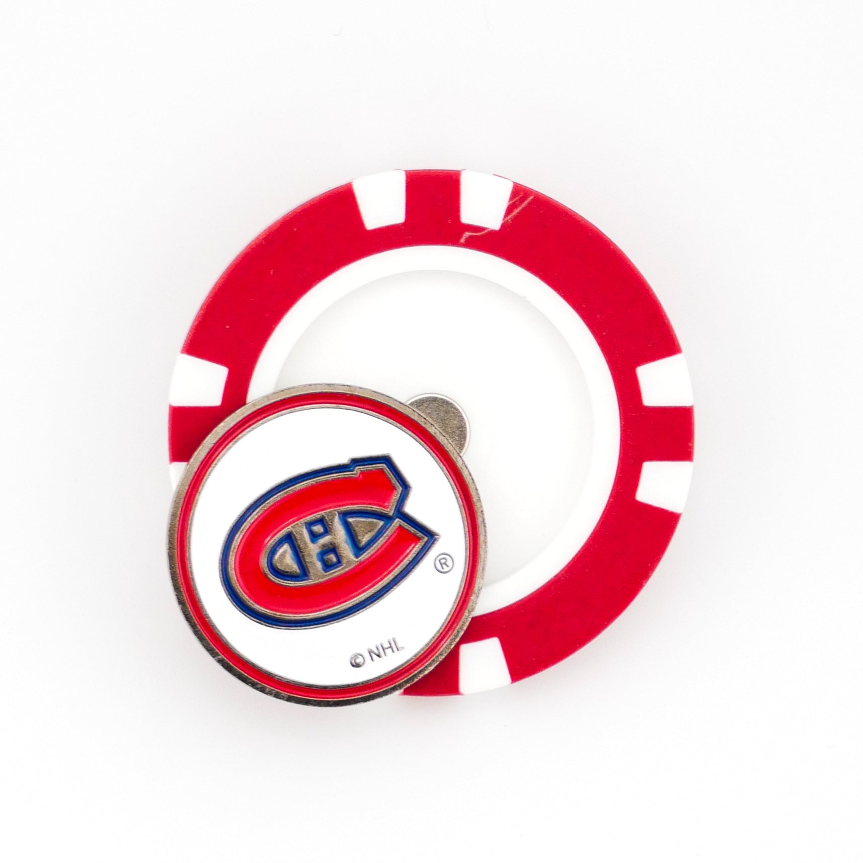 Show your support with this Ballmarkers by Logie Joes marker: a red and white poker chip-style design featuring the Montreal Canadiens logo—a red C and blue H outlined in white and blue—on a round pin on top.