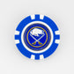 The Buffalo Sabres poker chip ball marker from Ballmarkers by Logie Joes features a blue and white design with the team’s circular logo—white buffalo above crossed sabres on a blue/yellow background—at the center.
