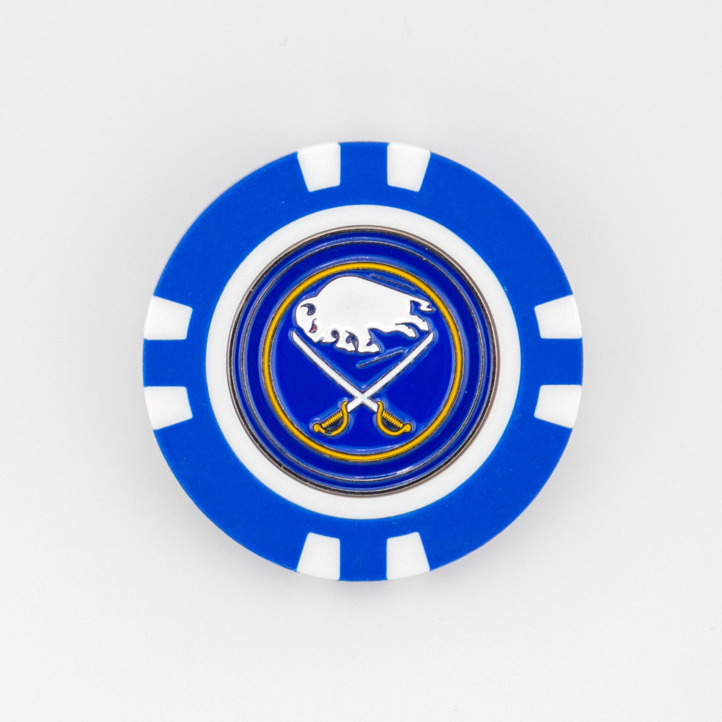 The Buffalo Sabres poker chip ball marker from Ballmarkers by Logie Joes features a blue and white design with the team’s circular logo—white buffalo above crossed sabres on a blue/yellow background—at the center.