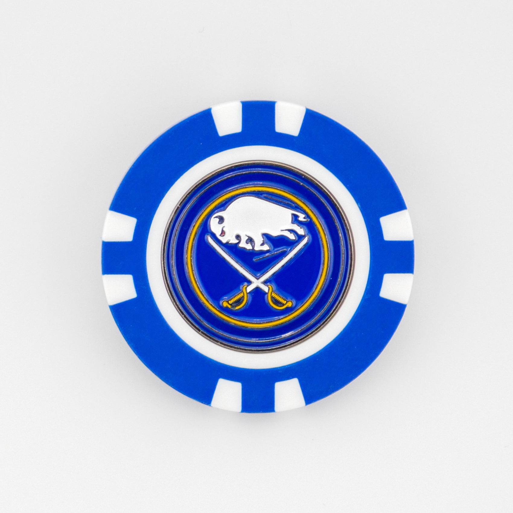 The Buffalo Sabres poker chip ball marker from Ballmarkers by Logie Joes features a blue and white design with the team’s circular logo—white buffalo above crossed sabres on a blue/yellow background—at the center.