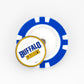 A blue and white round pin ball marker from Ballmarkers by Logie Joes features Buffalo Sabres in blue and yellow text.