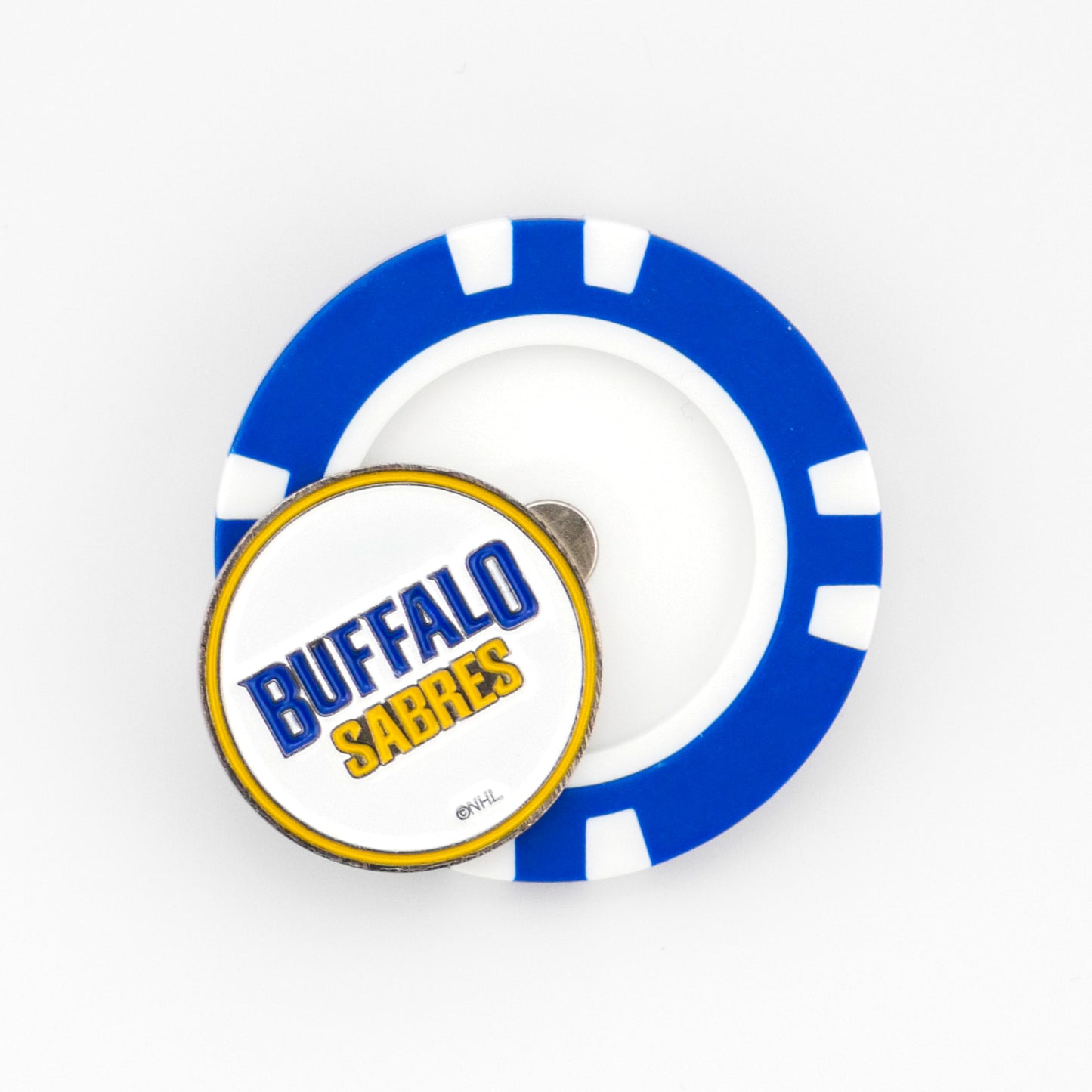 A blue and white round pin ball marker from Ballmarkers by Logie Joes features Buffalo Sabres in blue and yellow text.