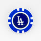 Show your team pride with this Los Angeles Dodgers golf ball marker by Ballmarkers.com, featuring a blue and white poker chip design with the iconic LA logo in the center. Ideal for MLB fans and golf enthusiasts alike.