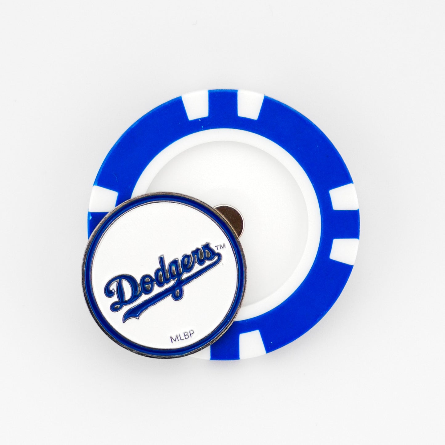 A blue and white poker chip-style ball marker by Ballmarkers.com featuring the Los Angeles Dodgers logo and "MLBP" below, shown on a white background—ideal for MLB fans and golf enthusiasts.