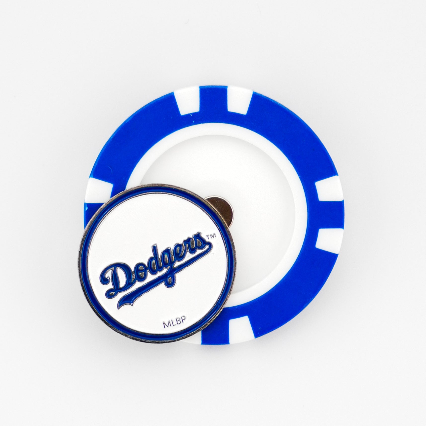 A blue and white poker chip-style ball marker by Ballmarkers.com featuring the Los Angeles Dodgers logo and "MLBP" below, shown on a white background—ideal for MLB fans and golf enthusiasts.