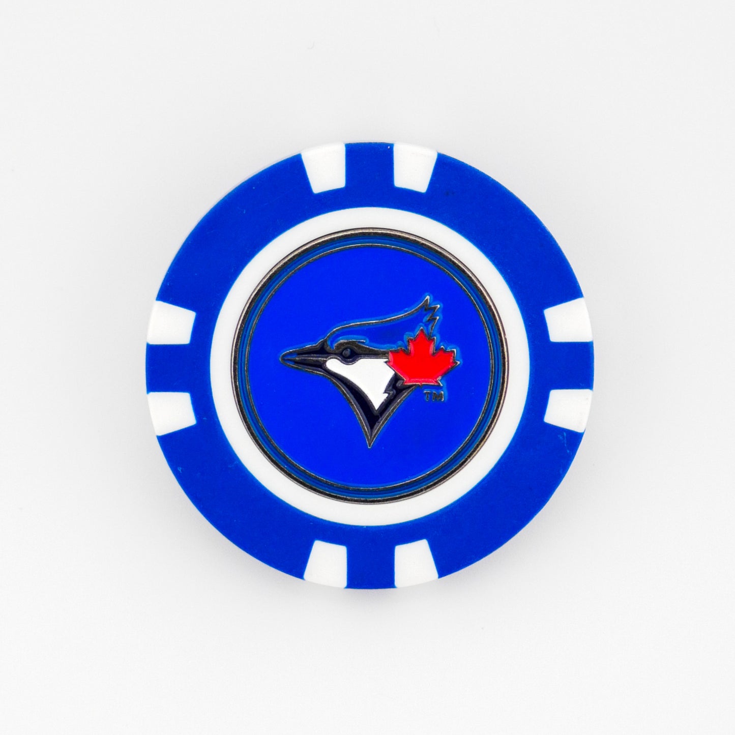 Show off your Toronto Blue Jays pride on the course with this blue and white poker chip ball marker from Ballmarkers.com, featuring the team's classic blue jay head logo with red maple leaf. Ideal for any MLB fan!.