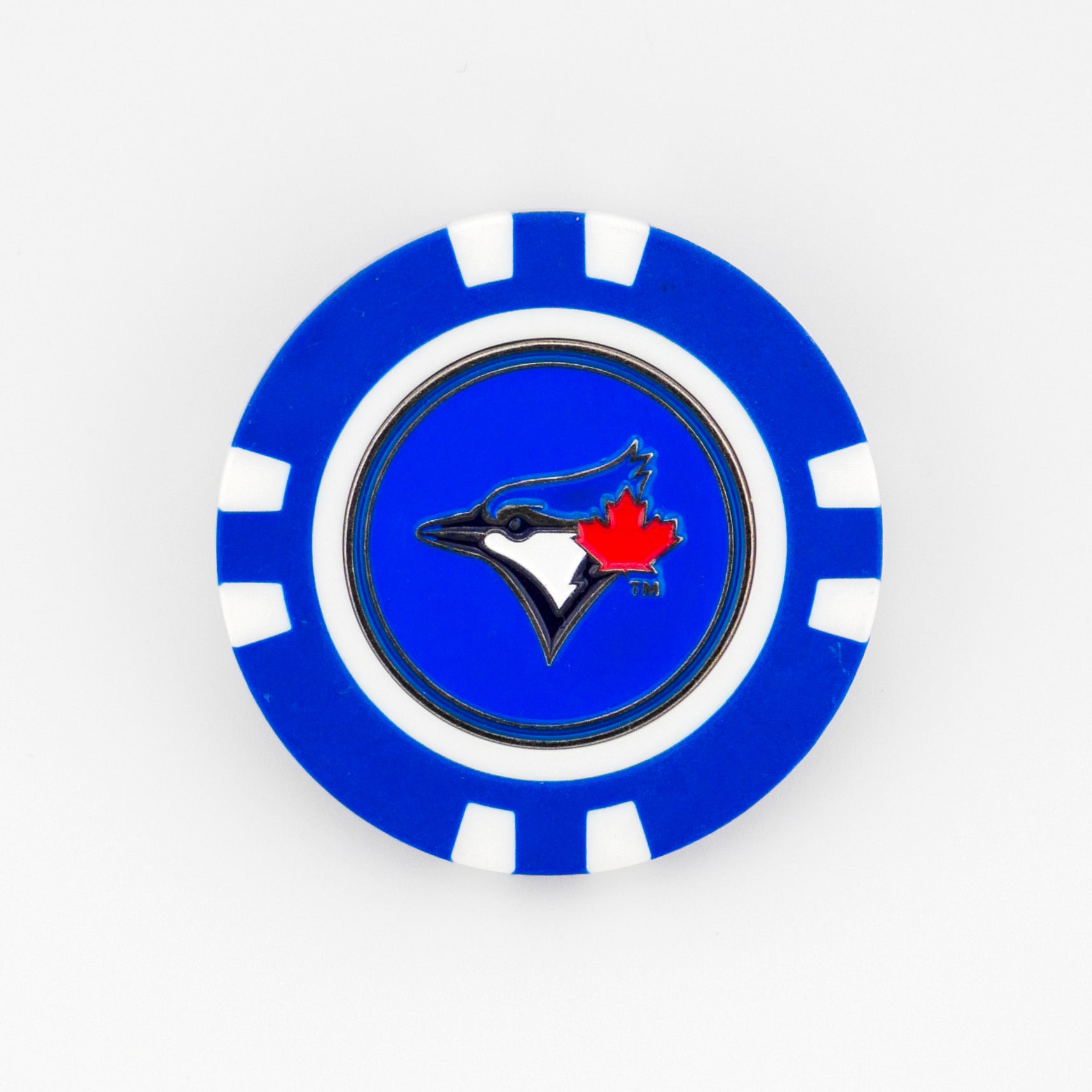 Show off your Toronto Blue Jays pride on the course with this blue and white poker chip ball marker from Ballmarkers.com, featuring the team's classic blue jay head logo with red maple leaf. Ideal for any MLB fan!.