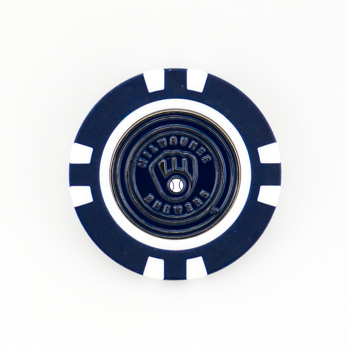 The Ballmarkers.com Milwaukee Brewers poker chip-style marker features the team's logo with a glove and ball in blue and white—ideal as an MLB golf ball marker for Brewers fans.