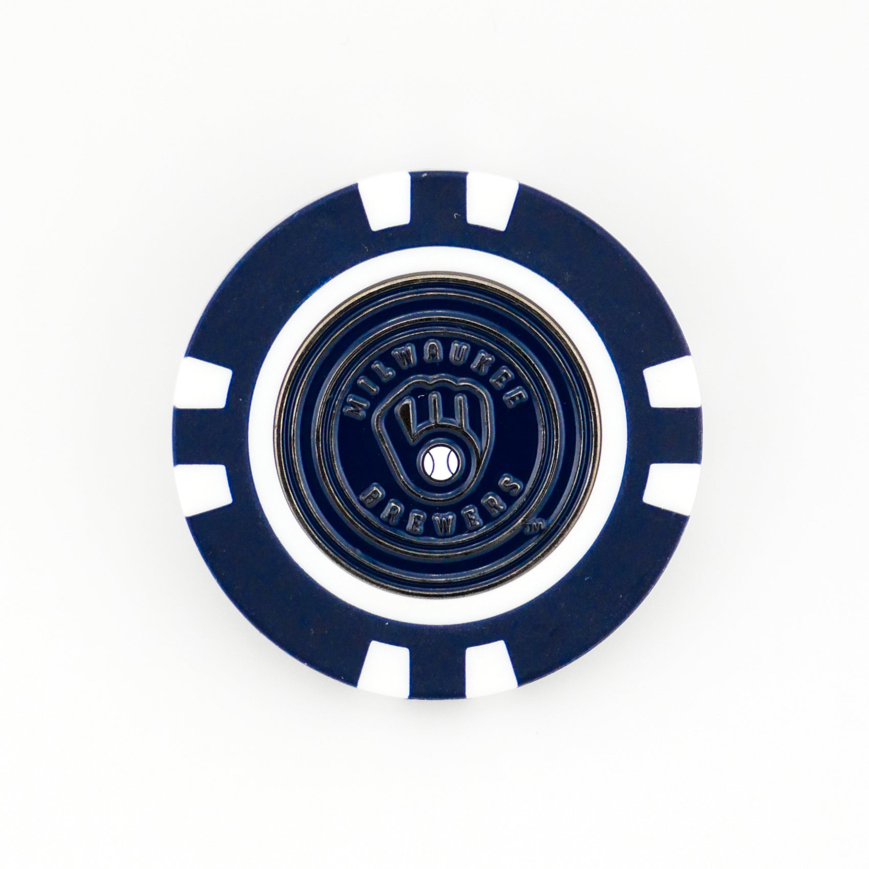 The Ballmarkers.com Milwaukee Brewers poker chip-style marker features the team's logo with a glove and ball in blue and white—ideal as an MLB golf ball marker for Brewers fans.