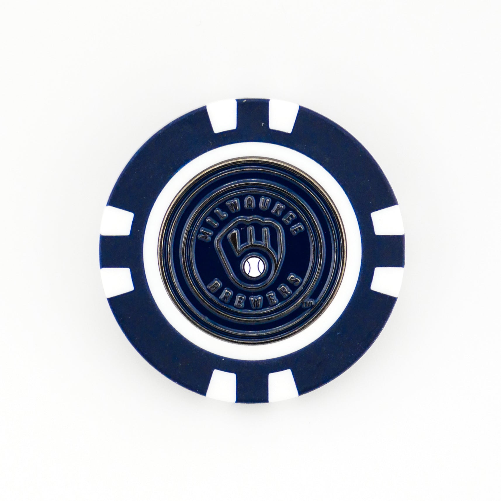 The Ballmarkers.com Milwaukee Brewers poker chip-style marker features the team's logo with a glove and ball in blue and white—ideal as an MLB golf ball marker for Brewers fans.
