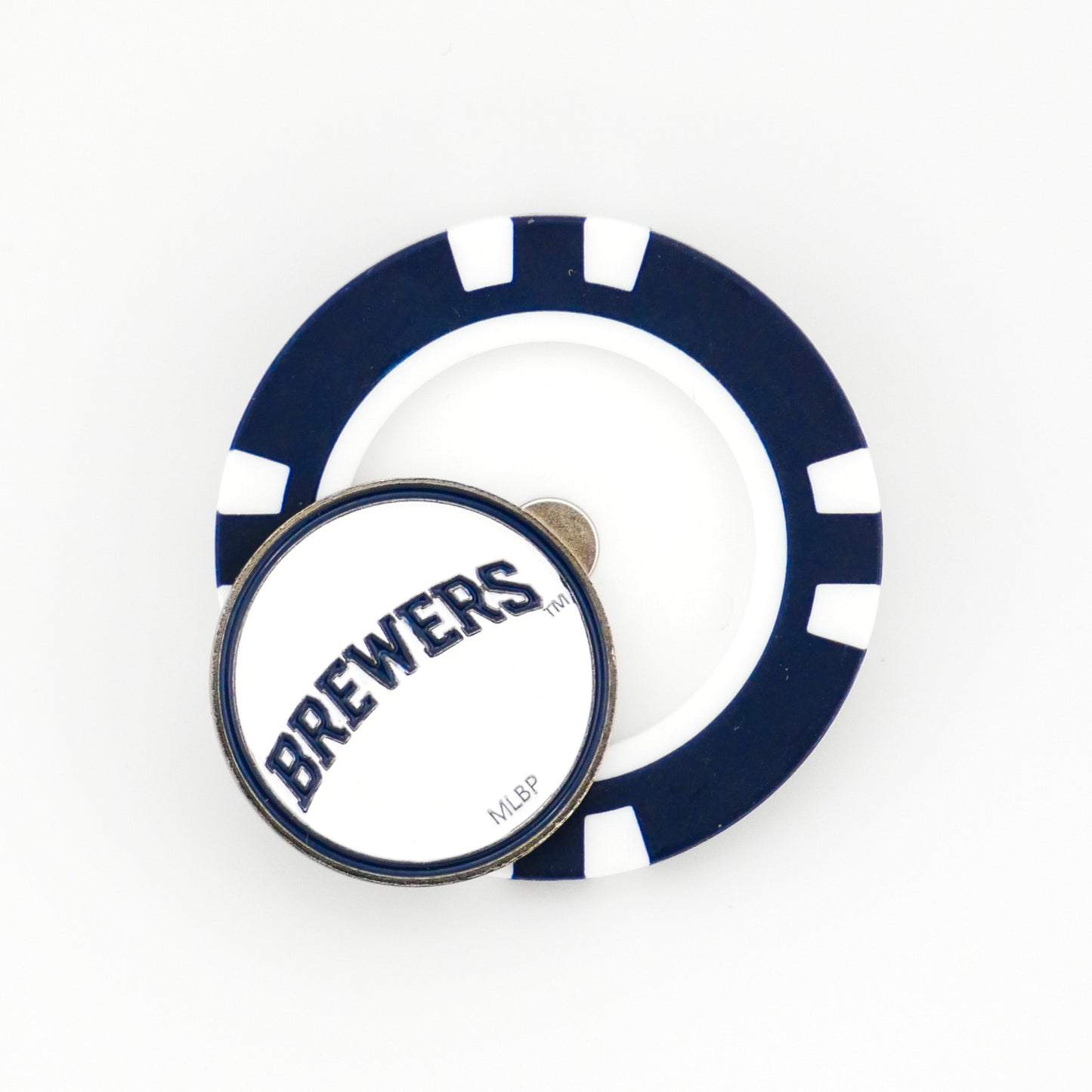 A navy blue and white poker chip-style marker by Ballmarkers.com features a round Milwaukee Brewers logo token on top, displayed on a white background.