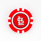 The Ballmarkers.com St. Louis Cardinals poker chip ball marker features the iconic interlocking STL logo in white centered on a red background with white accents.