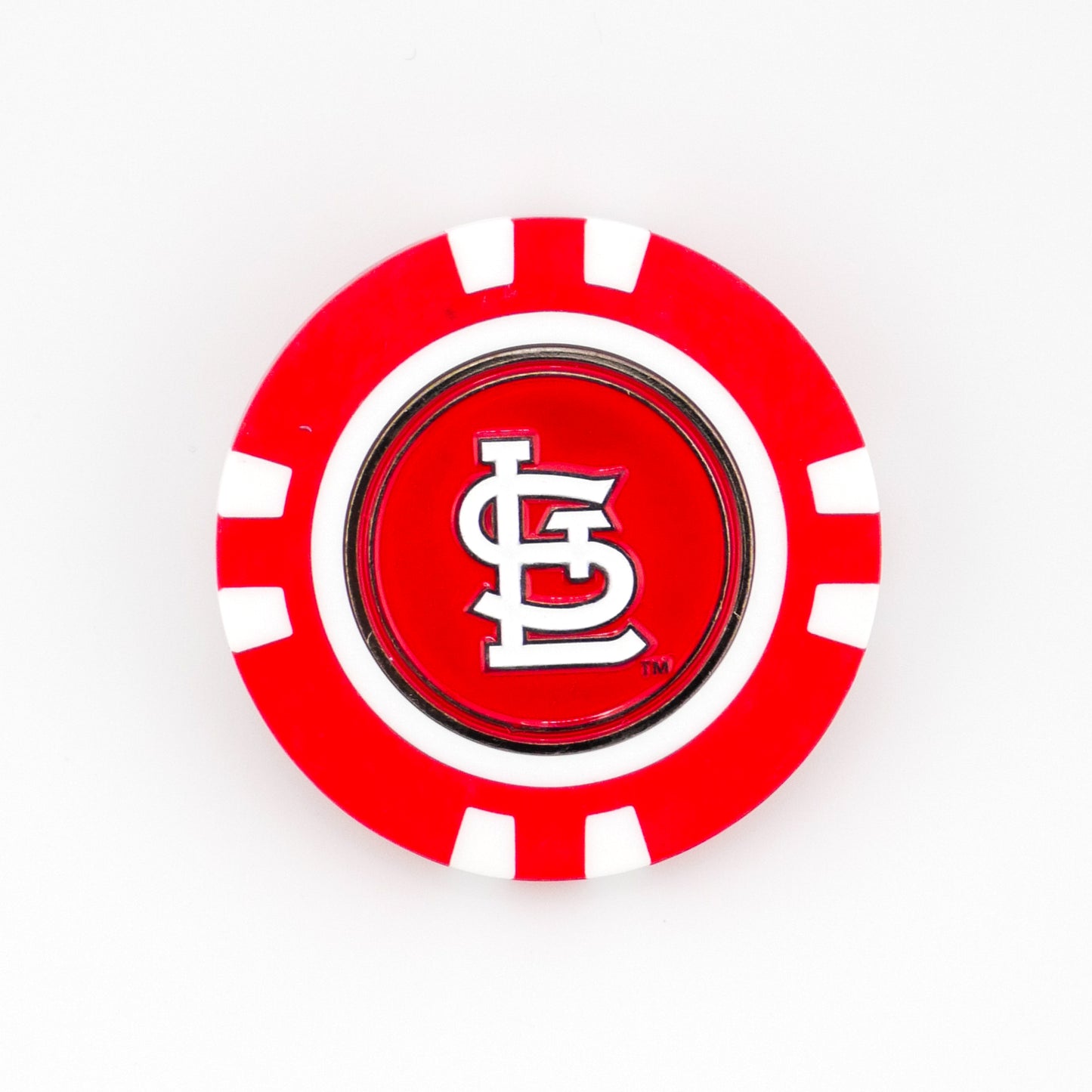 The Ballmarkers.com St. Louis Cardinals poker chip ball marker features the iconic interlocking STL logo in white centered on a red background with white accents.