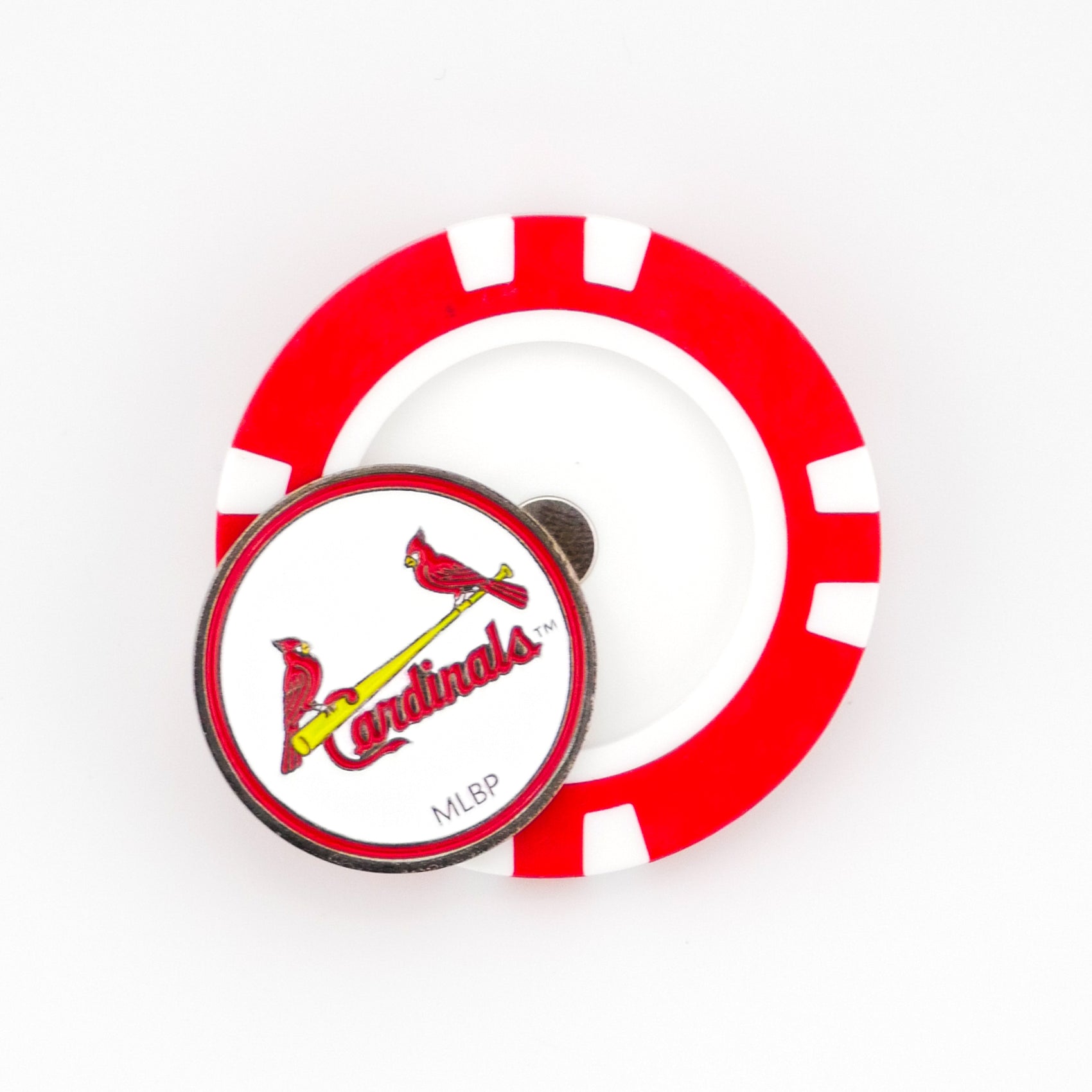 A red and white poker chip ball marker by Ballmarkers.com featuring the St. Louis Cardinals logo—two cardinals on a yellow bat above "Cardinals" with MLBP below—on a round metal top piece.