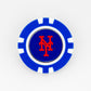 A blue poker chip-style ball marker by Ballmarkers.com features the orange New York Mets logo with white accents on a dark blue background.