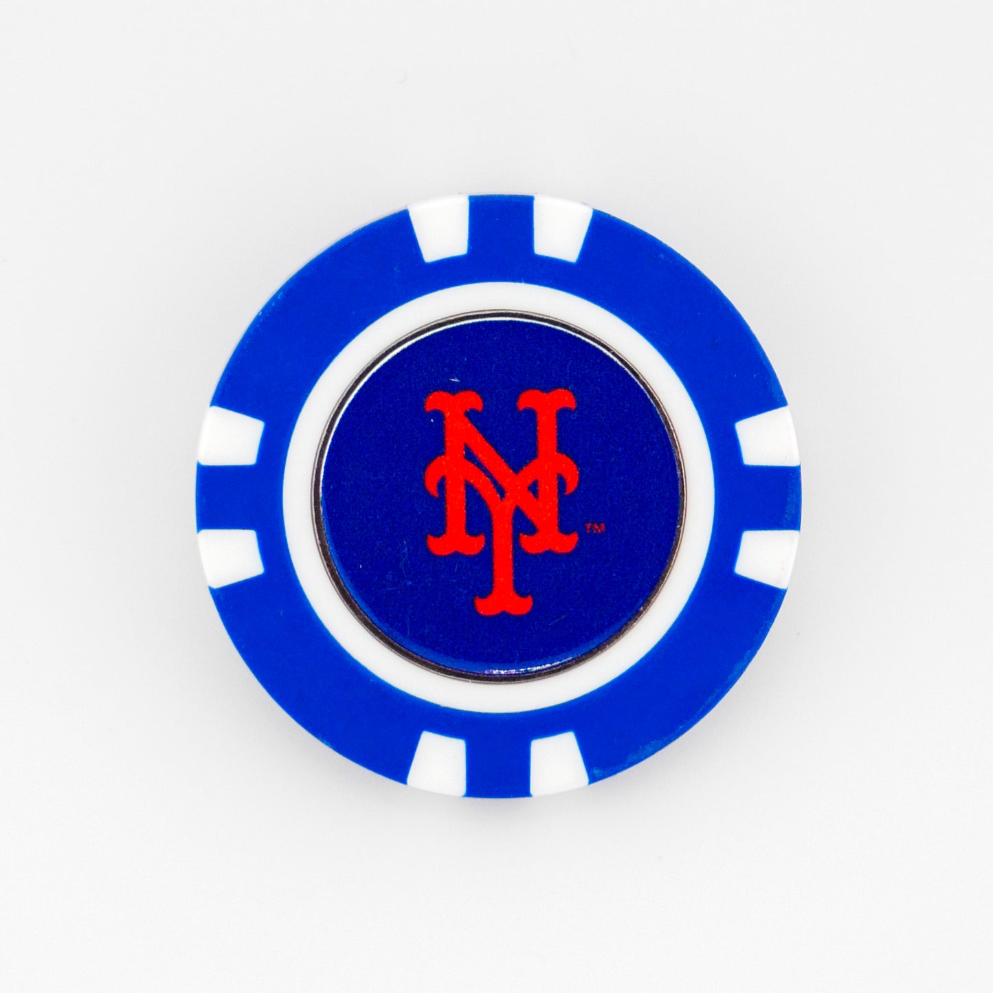 A blue poker chip-style ball marker by Ballmarkers.com features the orange New York Mets logo with white accents on a dark blue background.