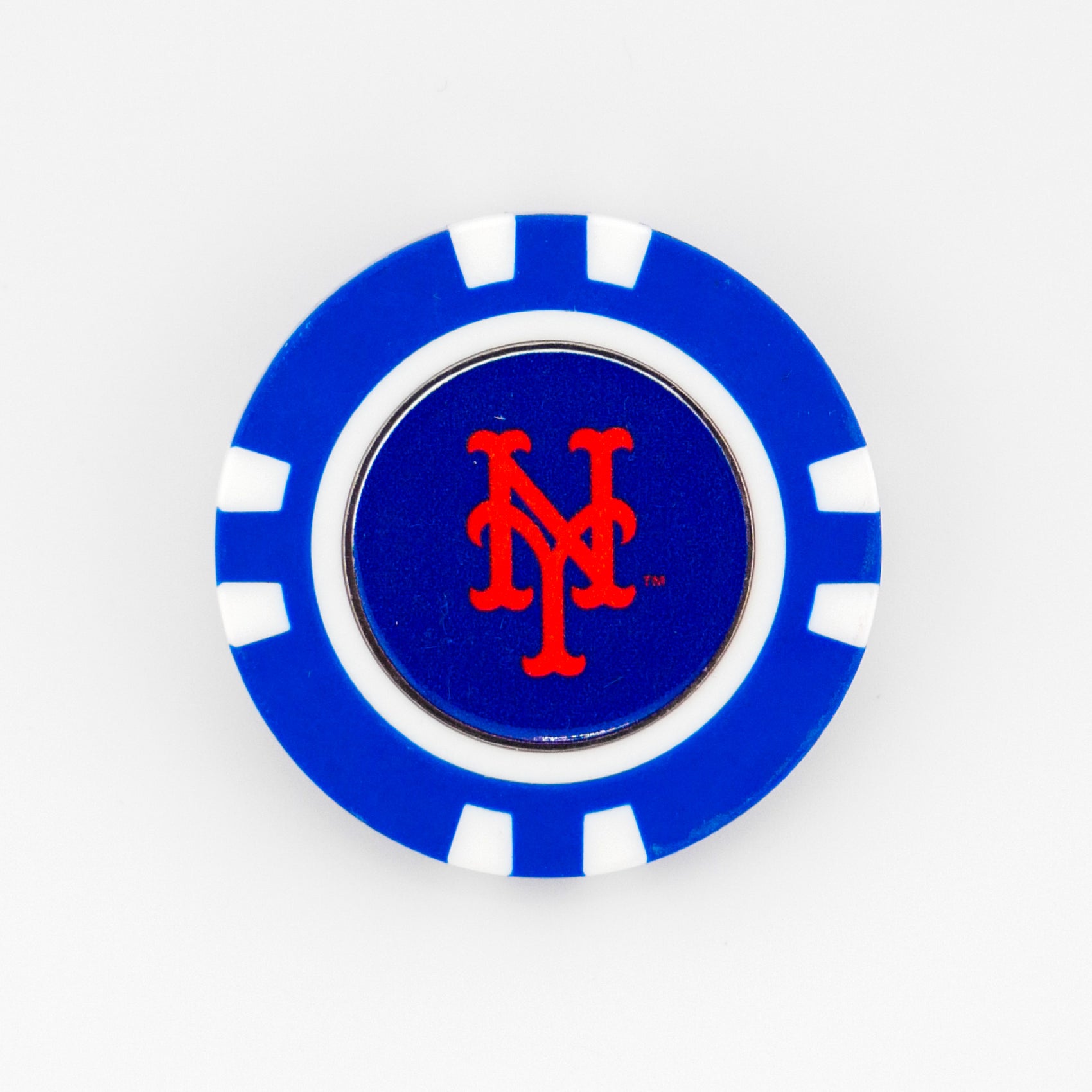 A blue poker chip-style ball marker by Ballmarkers.com features the orange New York Mets logo with white accents on a dark blue background.