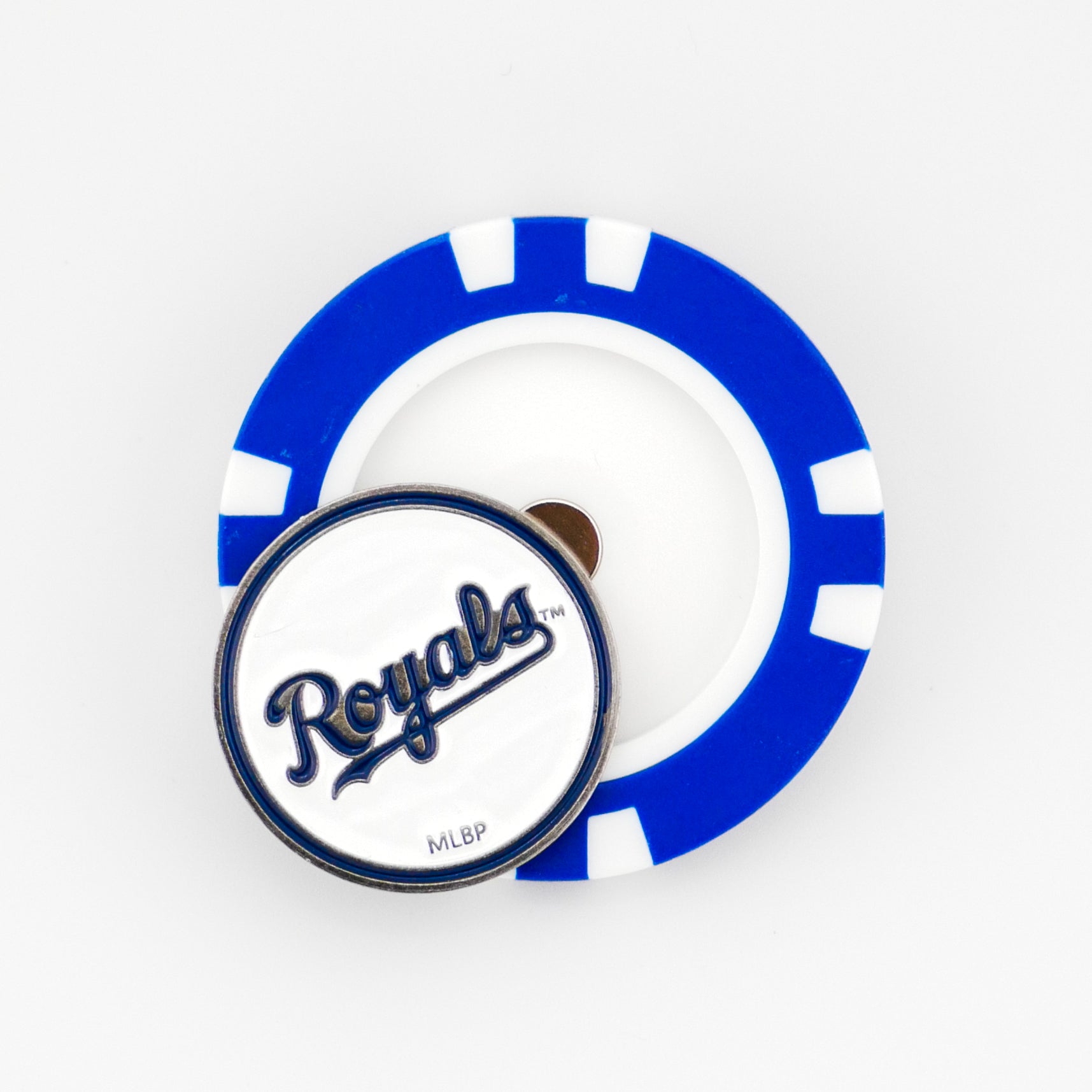 A blue and white poker chip ball marker by Ballmarkers.com features a circular Kansas City Royals logo pin in the center, shown on a plain white background.