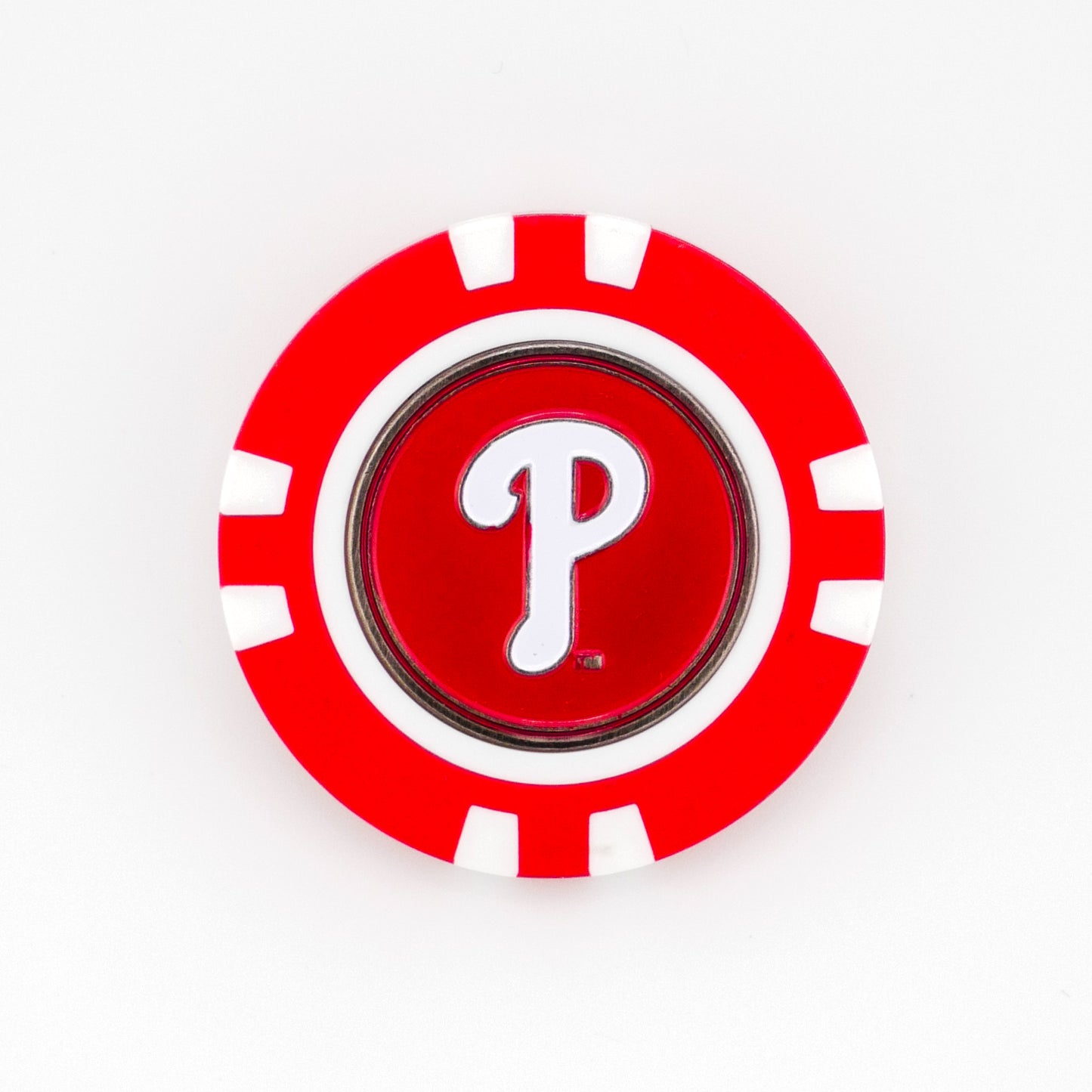 A red and white poker chip ball marker by Ballmarkers.com, featuring the Philadelphia Phillies' white "P" logo in the center—perfect for MLB fans and golfers.