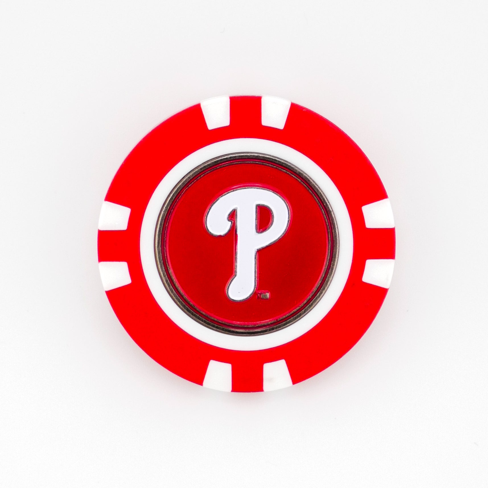 A red and white poker chip ball marker by Ballmarkers.com, featuring the Philadelphia Phillies' white "P" logo in the center—perfect for MLB fans and golfers.