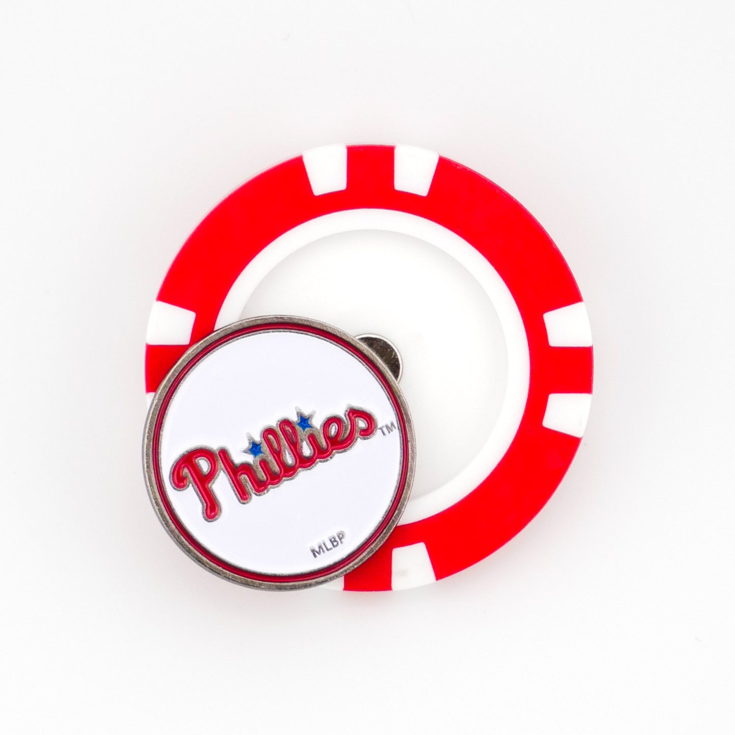 A red and white poker chip-style marker from Ballmarkers.com featuring a circular metal pin in the center with the Philadelphia Phillies logo in red script and blue stars above the "i"s.