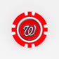 A red and white poker chip-style marker featuring the Washington Nationals’ stylized W logo by Ballmarkers.com, perfect as an MLB or golf ball marker, displayed on a white background.