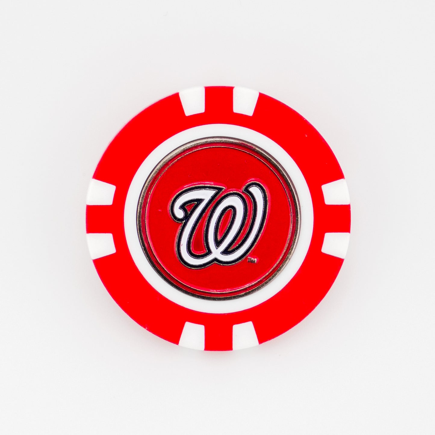 A red and white poker chip-style marker featuring the Washington Nationals’ stylized W logo by Ballmarkers.com, perfect as an MLB or golf ball marker, displayed on a white background.