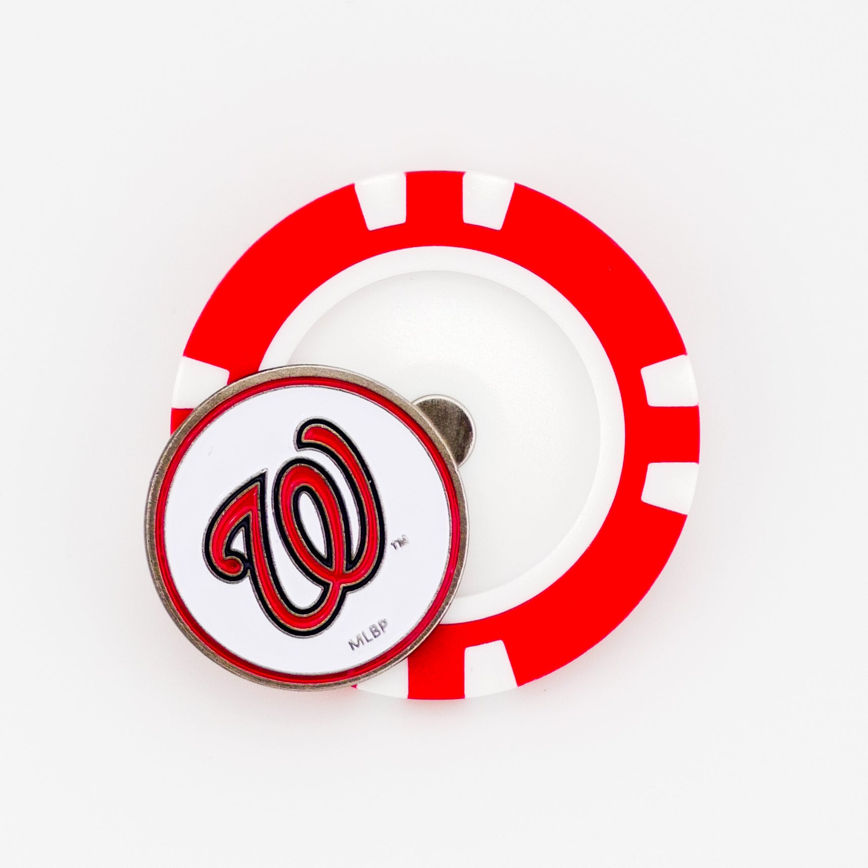 A Ballmarkers.com Washington Nationals poker chip-style marker in red and white with a round metal golf ball marker featuring the Nationals "W" logo on top.