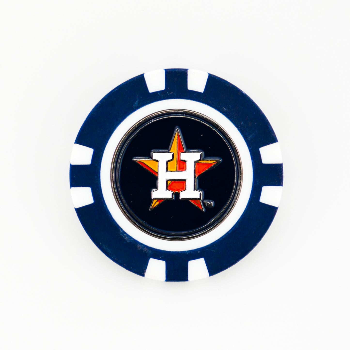 The Ballmarkers.com Houston Astros ball marker features a blue and white poker chip design with the Astros’ white H over an orange star logo on a dark background.