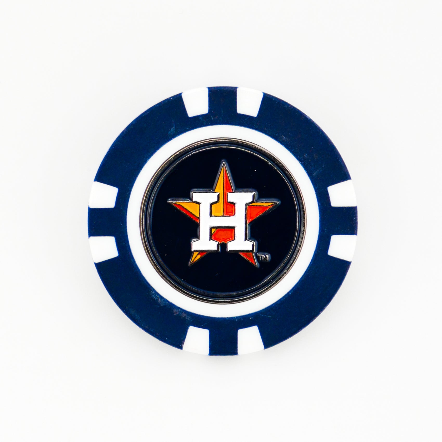 The Ballmarkers.com Houston Astros ball marker features a blue and white poker chip design with the Astros’ white H over an orange star logo on a dark background.