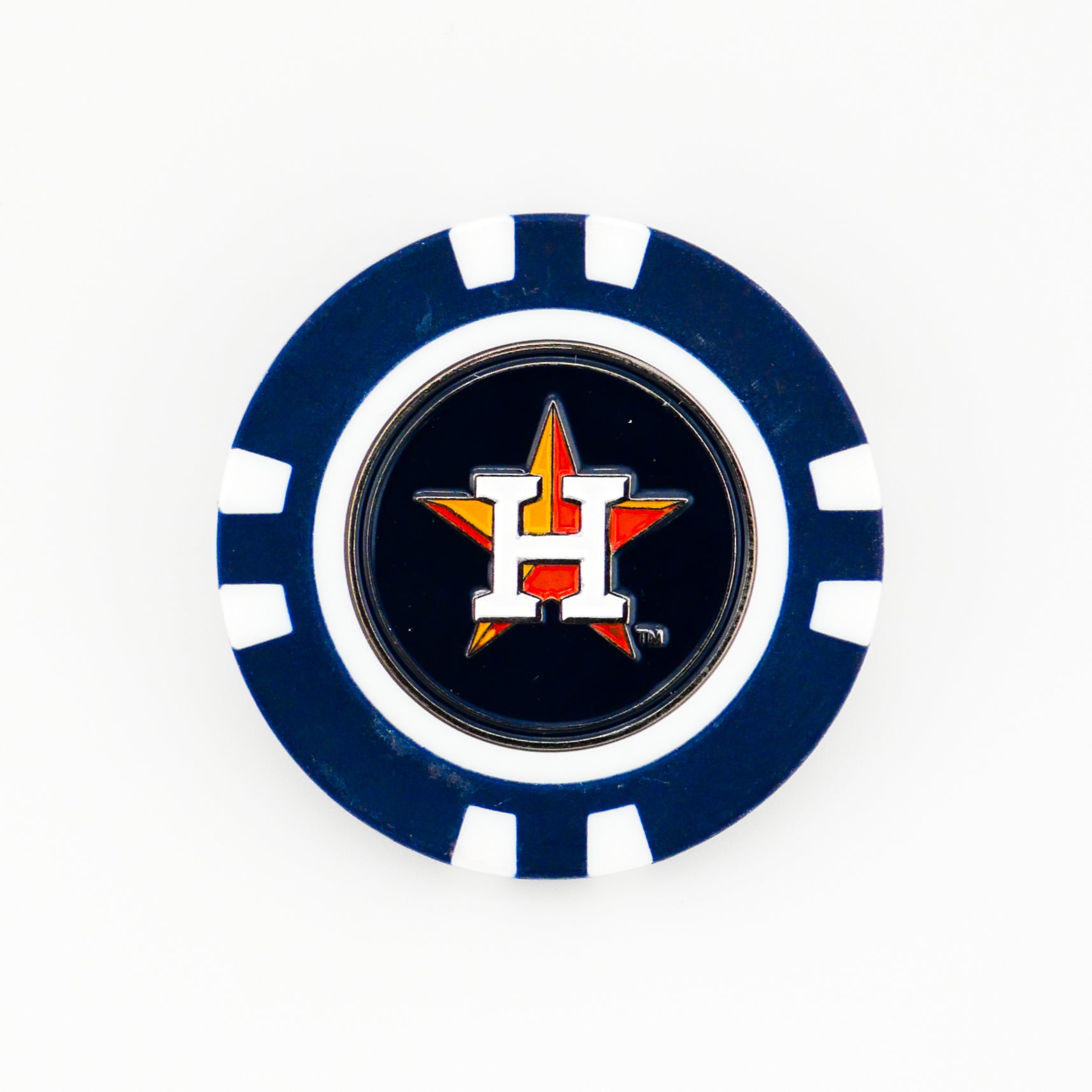 The Ballmarkers.com Houston Astros ball marker features a blue and white poker chip design with the Astros’ white H over an orange star logo on a dark background.