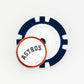 A Ballmarkers.com Houston Astros poker chip ball marker with a blue and white edge is shown on a white surface. The top features "ASTROS" in navy blue letters outlined in orange.