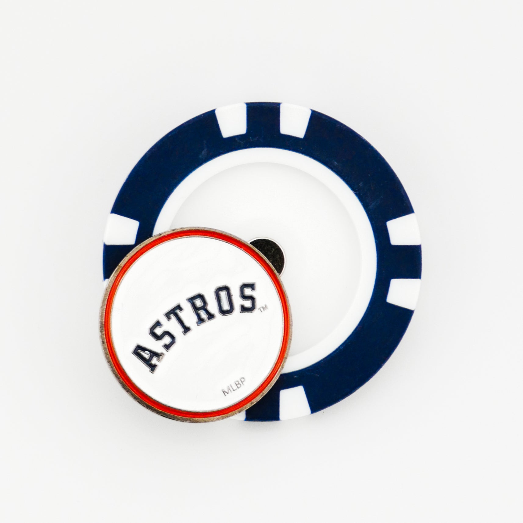 A Ballmarkers.com Houston Astros poker chip ball marker with a blue and white edge is shown on a white surface. The top features "ASTROS" in navy blue letters outlined in orange.