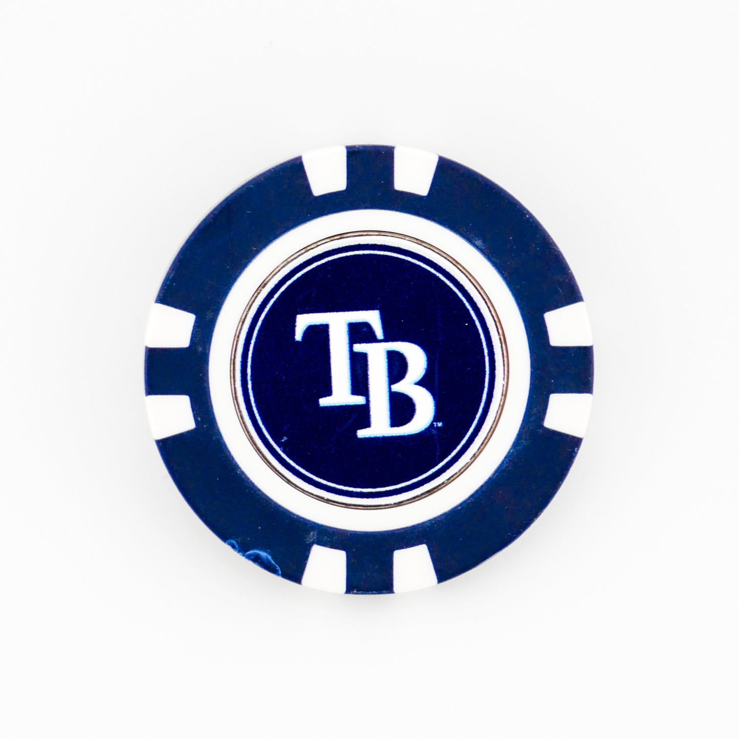 Show your team pride on the green with the Tampa Bay Rays ball marker by Ballmarkers.com—a blue and white chip featuring the team's TB logo, perfect for MLB fans and golf enthusiasts.