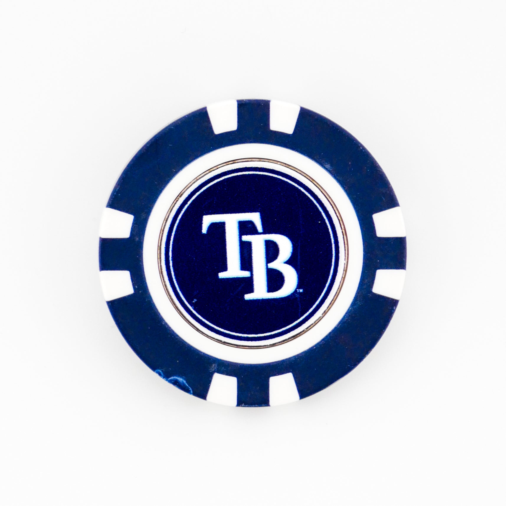 Show your team pride on the green with the Tampa Bay Rays ball marker by Ballmarkers.com—a blue and white chip featuring the team's TB logo, perfect for MLB fans and golf enthusiasts.