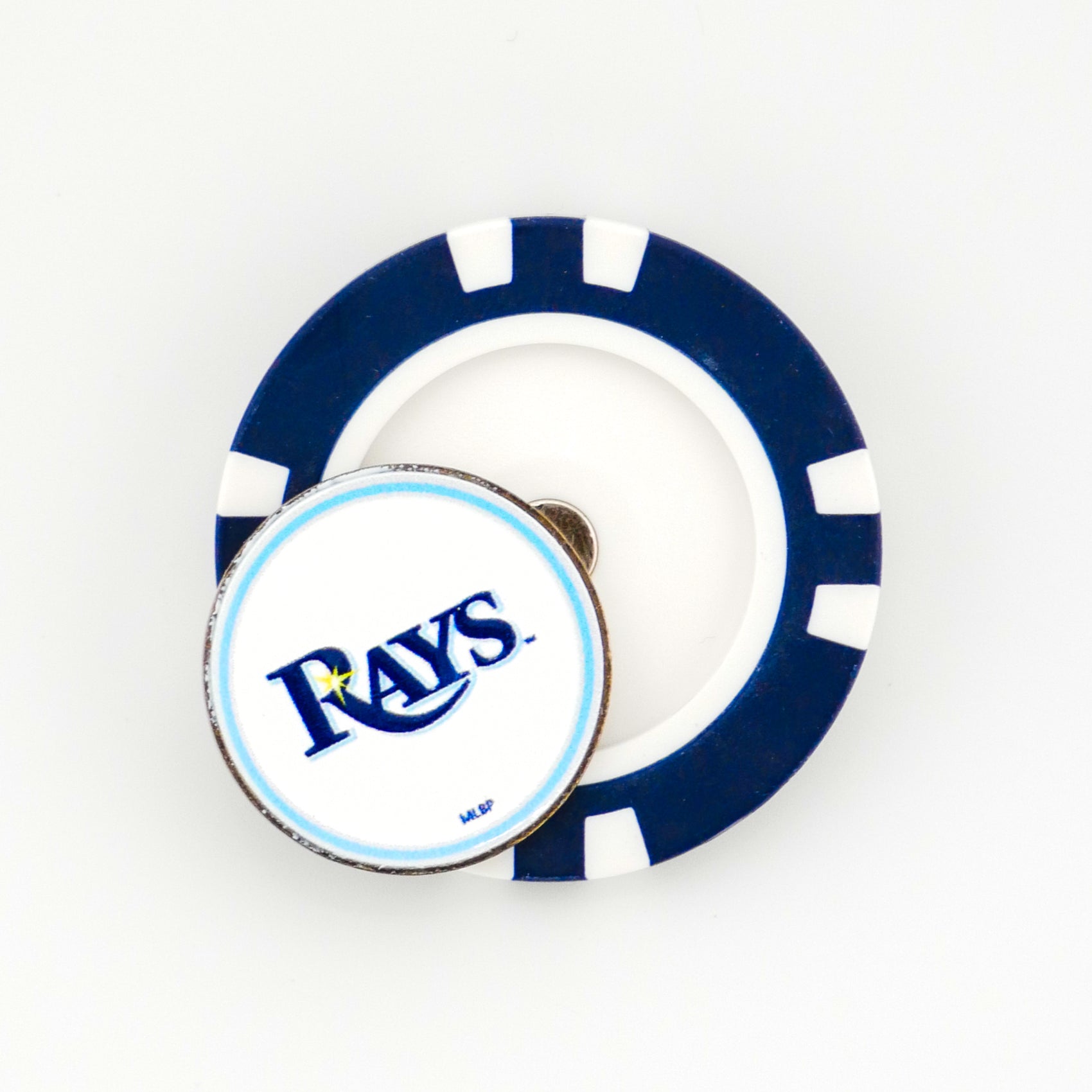 The Ballmarkers.com Tampa Bay Rays ball marker is blue and white with a circular pin on top featuring the team logo on a white background.